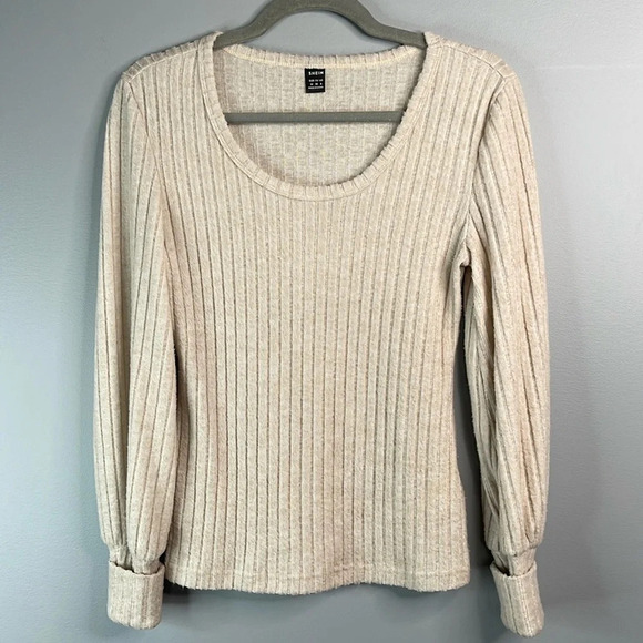 SHEIN Wide Ribbed Fuzzy Sweater Oatmeal Scoop Neck Cuffed Long Sleeve Stretch  M - Picture 11 of 11